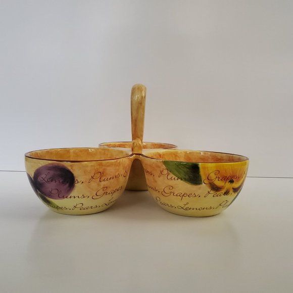 MAYFAIR & JACKSON 3 bowl divided server handle Rustic Painted Words Fruit - Picture 2 of 9